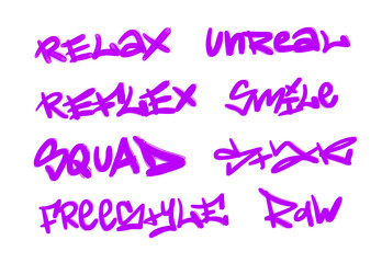 Collection of graffiti street art tags with words and symbols in violet color on white background