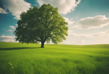 Fototapeta na wymiar Beautiful bright colorful summer spring landscape with lonely tree on field fresh green grass