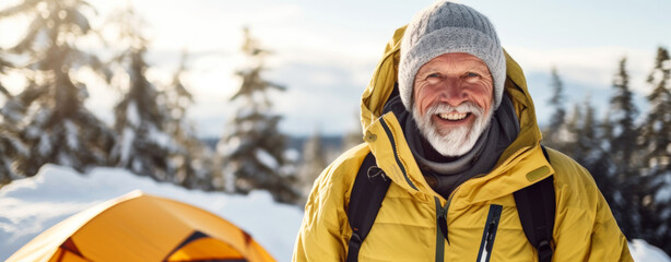  senior man smiling while enjoying an active lifestyle in nature and outdoor camping 
