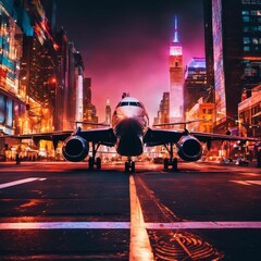 AI generated illustration of an airplane in a vibrant cityscape with tall buildings
