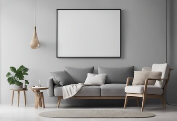 Gray armchair against white wall with empty mock up poster frame Scandinavian interior design