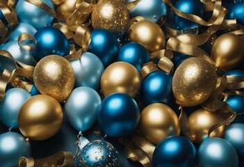 Holiday background with golden and blue metallic balloons confetti and ribbons Festive card for birthday