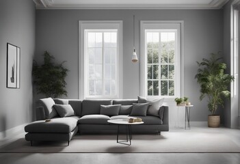 Grey sofa against window near white wall with stone texture poster Minimalist interior design
