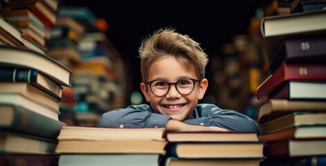 Happy little boy standing between huge stacks of books.