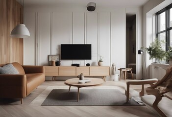 Minimalist scandinavian studio apartment Interior design of modern living room with wooden paneling