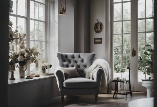 Stylish And Cozy Reading Nook Grey Lounge Chair Against Window French Country Interior Design