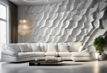 White sofa near unique wavy stone 3d panel wall Luxury interior