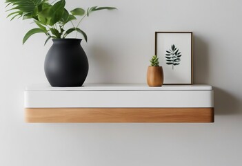 Wood floating shelf on white wall Storage organization for home Interior design of modern living room