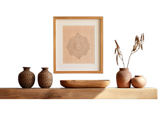 Boho Wood Floating Shelf with Mandala Frames and a Moroccan Vase Isolated on Transparent or White Background, PNG