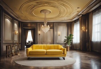 Yellow loveseat sofa in classic room Art deco home interior design of modern living room