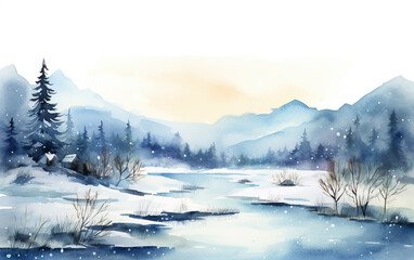 Winter forest watercolor illustration with lake