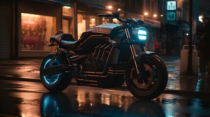 AI generated illustration of a futuristic motorcycle with glowing lights parked in a city at night