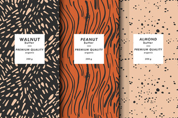 Vector illustration set of templates contemporary abstract cover and patterns for nuts butter packaging with labels. Minimal modern backgrounds - obrazy, fototapety, plakaty