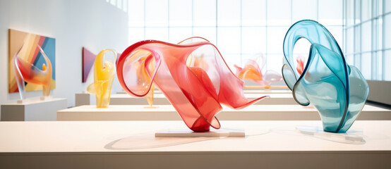 Futuristic sculpture exhibition in modern art gallery. Abstract art. 