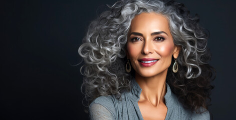 portrait  black woman with smooth healthy face skin, curly gray hair 