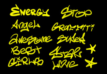 Collection of graffiti street art tags with words and symbols in yellow color on black background