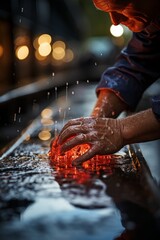  Close-up of an experienced car wash employee's hands as they polish a vehicle's exterior to a...