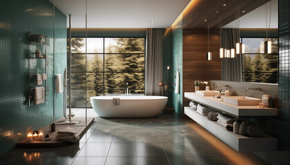 Salle de bain moderne avec large fenetre - obrazy, fototapety, plakaty