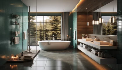 Fotobehang Salle de bain moderne avec large fenetre © Fred