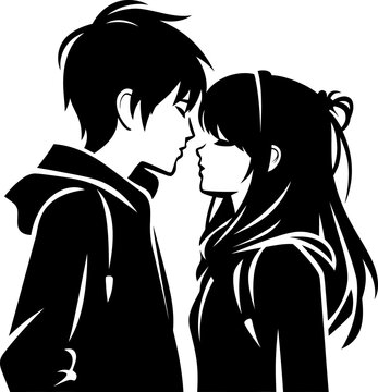 Anime boy and girl kissing couple silhouette in black color. Laser cutting eps10 vector template.