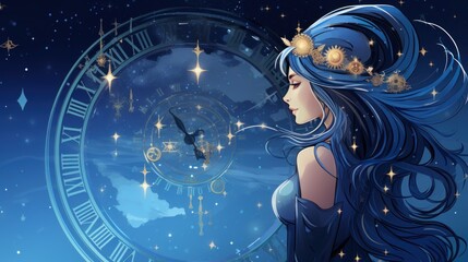 Woman, girl astrologer against the backdrop of the starry sky of the universe with the astrological zodiac circle of the natal chart and planetary transits - obrazy, fototapety, plakaty