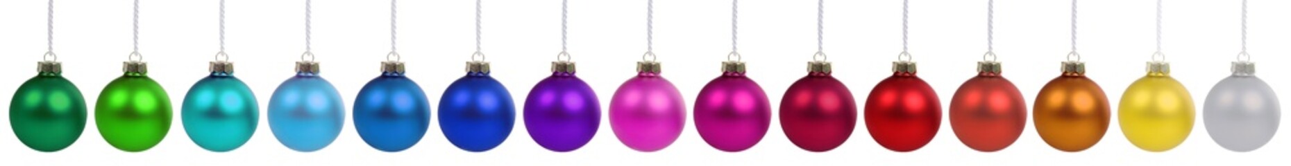 Christmas balls baubles banner ornament colorful decoration in a row isolated on white