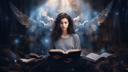 Magical Book of Akashic Records with pretty lights and dark mysterious background