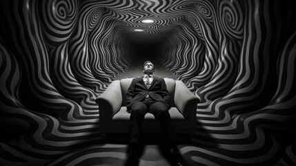 Mental health concept. Illusions of the mind inside a hypnosis session, an alternative technique for psychological assistance by a psychotherapist. Man sitting in a chair in the corridor