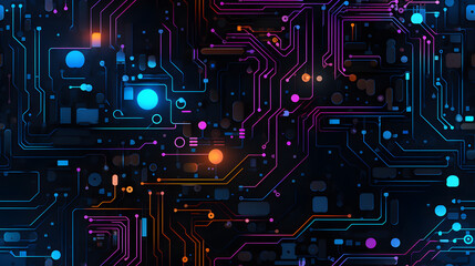 Cyberpunk neon circuitry on dark landscape texture