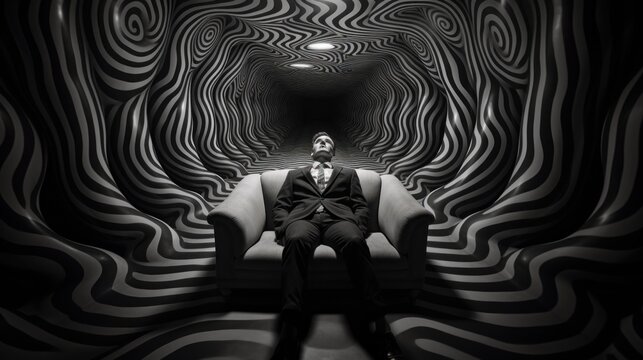 Mental health concept. Illusions of the mind inside a hypnosis session, an alternative technique for psychological assistance by a psychotherapist. Man sitting in a chair in the corridor