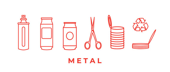 Recycling and sorting of metal waste. Spray can, bottle, can, jar, scissors. Linear icons. Garbage sorting and segregation. Ecology. Editable strokes. Line art, doodles. - obrazy, fototapety, plakaty