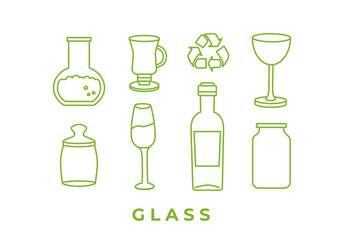 Recycling and sorting of glass waste. Bottle, cup, bulb, jar, glass. Linear icons. Garbage sorting and segregation. Ecology. Editable strokes. Line art, doodles.