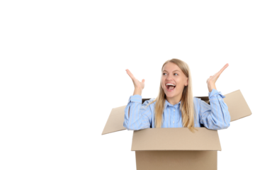 PNG,A young girl sits in a cardboard box, isolated on white background