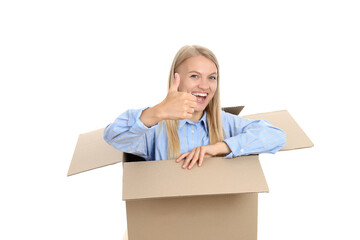 PNG,A young girl sits in a cardboard box, isolated on white background