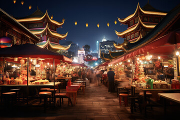 As night engulfs the market, strings of fairy lights create an enchanting glow, highlighting stalls...