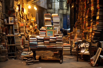 Tucked away in a secluded market nook, an eclectic book stall beckons avid readers with its mix of ancient manuscripts and contemporary tales. - obrazy, fototapety, plakaty
