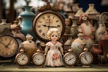 The flea market feels like a step back in time as antique vendors proudly present vintage clocks,...