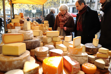 Amidst the market hustle, a cheese stall draws in a crowd, offering a plethora of regional cheeses for tasting, inviting exploration of flavors. - obrazy, fototapety, plakaty