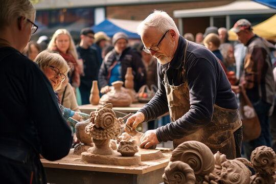 Within a craft-centric market, ceramic artists become the main attraction, skillfully molding clay on wheels, drawing a crowd of fascinated onlookers.