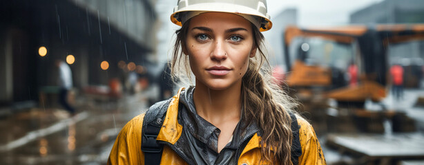 Young female European construction worker / engineer with hard hat in the background a construction site, blonde hair - obrazy, fototapety, plakaty