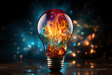 Creative light bulb explosion with splashes of yellow, blue and pink paint on a black background. Think differently, creative idea.