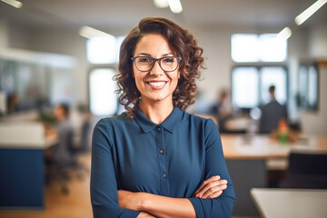 Portrait of smiling woman teacher posing with arms crossed in classroom looking at camera. Confident happy female educator. 
