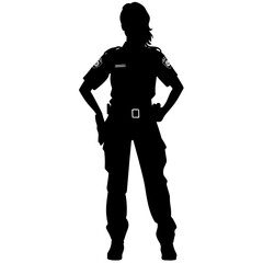 Police officer woman black icon on white background. Female police officer silhouette - obrazy, fototapety, plakaty