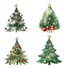 Christmas tree with red balls and golden star decor watercolor paint for greeting card