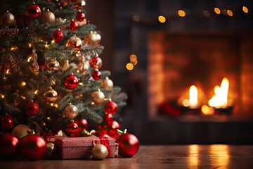 Fototapeta na wymiar New Years Christmas festive background with burning fireplace. Christmas tree. Decorations, red gold balls and glowing bulbs on the tree.