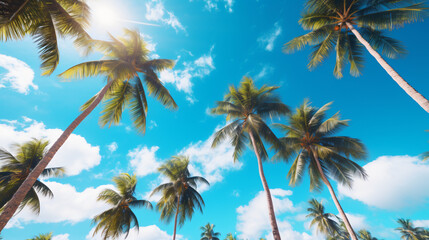 Fototapeta na wymiar Tall Coconut palm trees are under blue cloudy sky
