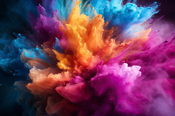 colorful rainbow holi paint color powder explosion isolated on dark black background. peace rgb gaming beautiful party festival concept