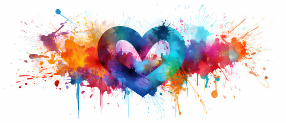 Colorful grunge heart with splashes of paint.  Abstract watercolor background. greeting card watercolor