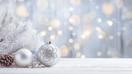 Festive Christmas background with green fir tree, white ornaments, and blank space for text