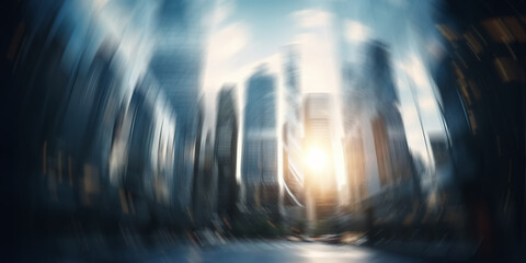 Modern office buildings. Defocused tall towers, skyscrapers in the sunlight. Cityscape. Wide scale image created using Generative AI tools.